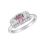 A three stone ring with a central natural pink diamond, radiant cut, in between two white asscher cut diamonds. Surrounded by brilliant cut diamonds in platinum 