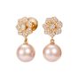 Floral diamond earrings in rose gold with pale pink pearl drops suspended below 