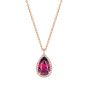 A vibrant, pear shape pink tourmaline weighing 1.95 carats, set with a halo of white, round diamonds in the Hirsh 18K rose gold Regal pendant setting 