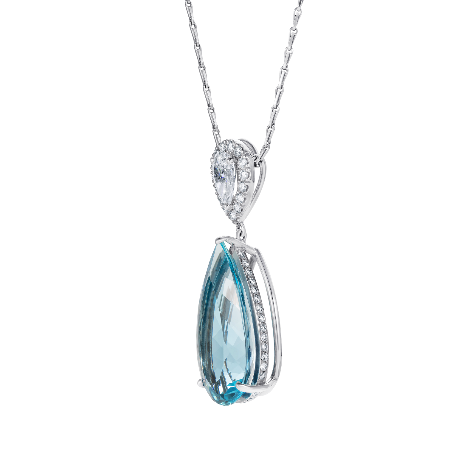 Gem Pear Shape Aquamarine and Diamond Pendant Handmade in Platinum