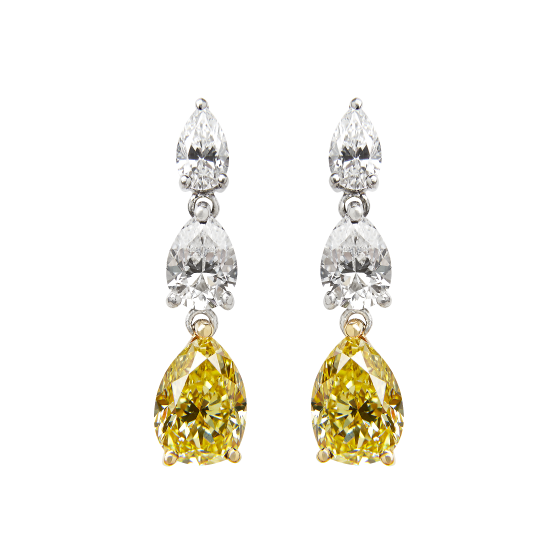 Pear shape yellow diamond and diamond earrings 