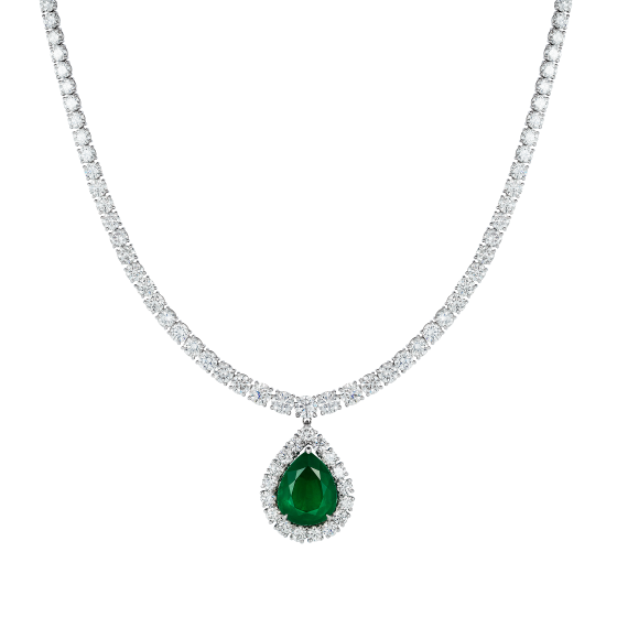 diamond necklace with a pear shape emerald drop surrounded by diamonds. Platinum and 18K white gold. 