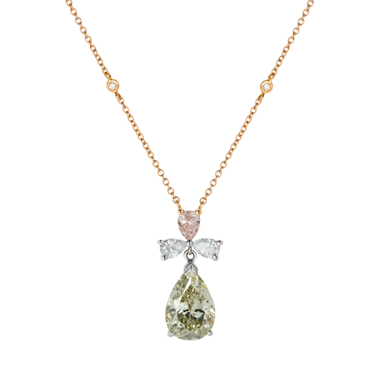 Bow Pendant with Extremely Rare Chameleon, Pink and White Diamonds