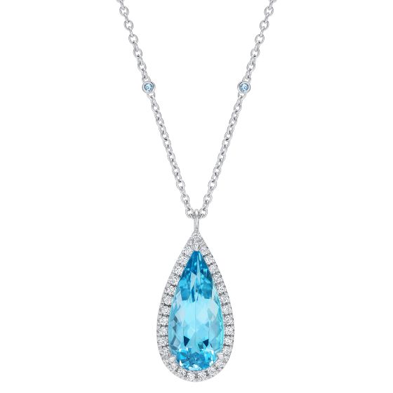 Pear shape aquamarine necklace with a halo of diamonds and diamonds and aquamarines set in the chain 