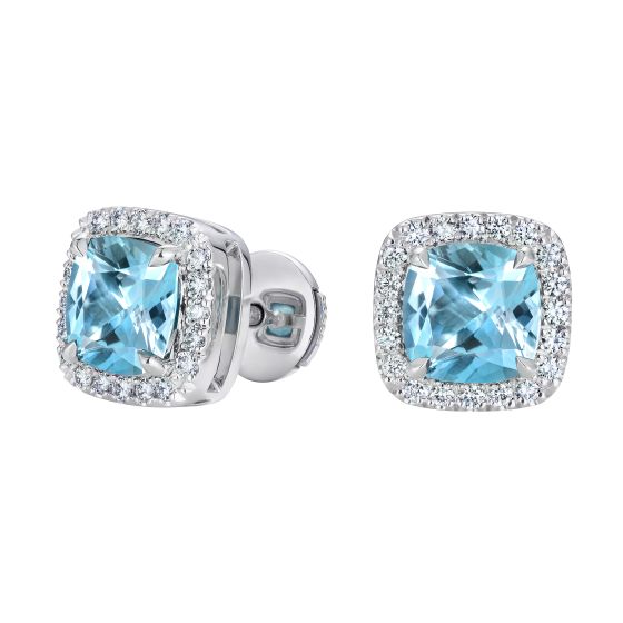 Regal Cushion Cut Aquamarine and Diamond Earrings 