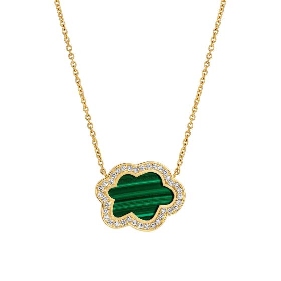 4.28 carat malachite and 0.30 carat white diamond pendant. Crafted by hand in yellow gold in our London townhouse atelier. Beautiful British fine jewellery and gen experts in London since 1980. 