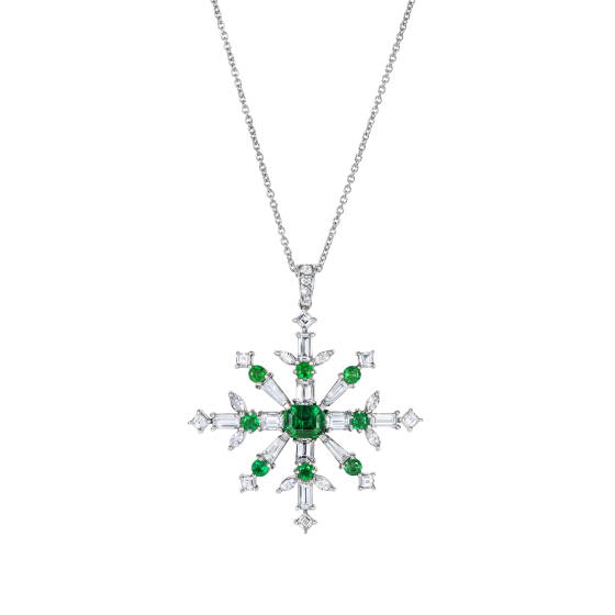 Snowflake Pendant set with Emeralds and Diamonds