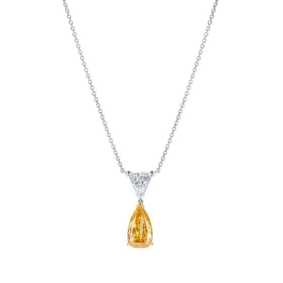 1.88 carat orange-yellow diamond and 0.60 carat white diamond pendant. Set in platinum and handmade in our atelier. London jewellers and rare gem experts since 1980.