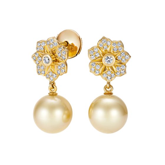 Wildflower Golden Pearl and Diamond Earrings