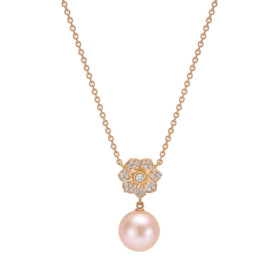 Rose gold diamond flower pendant with a pale pink pearl drop suspended below