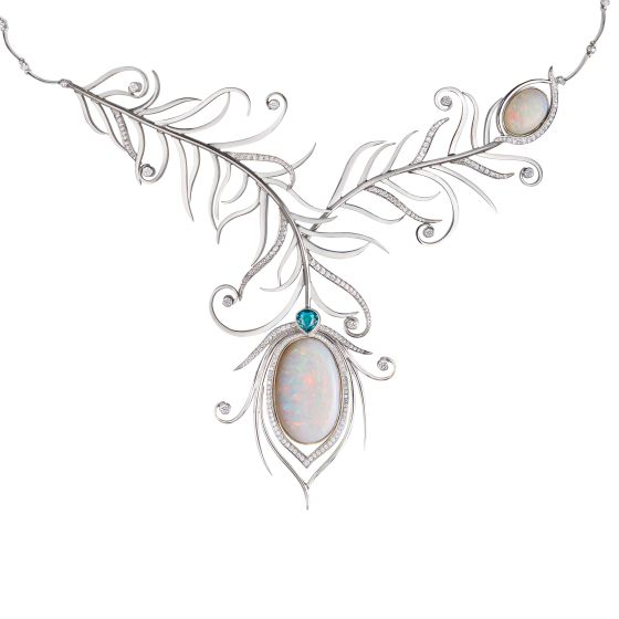 Peacock feather necklace with opals, diamonds and a paraiba tourmaline 