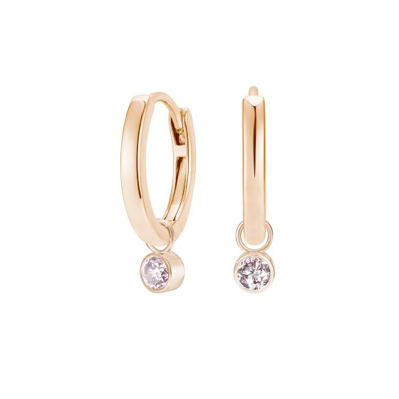 yellow gold hoop earrings with round light pink diamond drops 