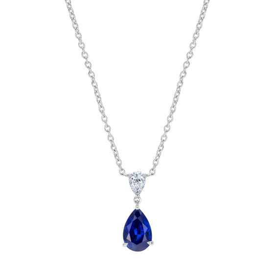 2.18 carat blue sapphire and 0.26 carat white diamond pendant. Set in platinum and entirely made by hand in our London workshop. Unique gem and fine jewellery specialists since 1980. 