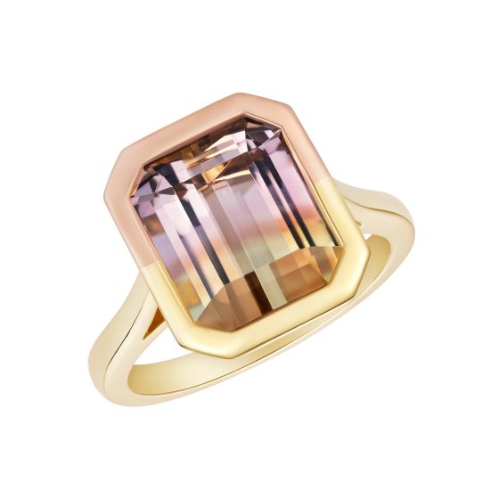 Rare bicolour tourmaline. 5.93 carats set in 18K rose gold and yellow gold. London handmade jewellery. 