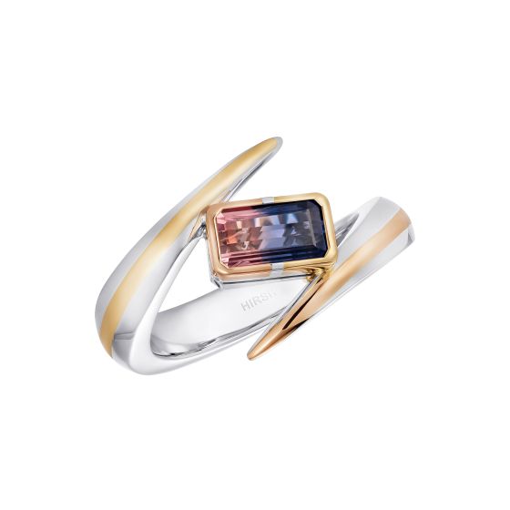 Bicolour 1.24 carat pink and violet-purple sapphire ring. Set in 18K yellow gold, 18K rose gold and platinum in our London atelier. Handmade British jewellery makers and specialists since 1980. 