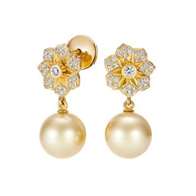 Wildflower Golden Pearl and Diamond Earrings