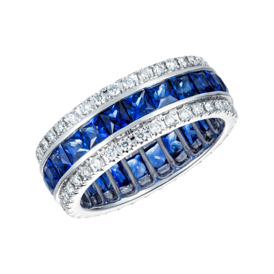 French Cut Blue Sapphire and Diamond Triple Band Eternity Ring