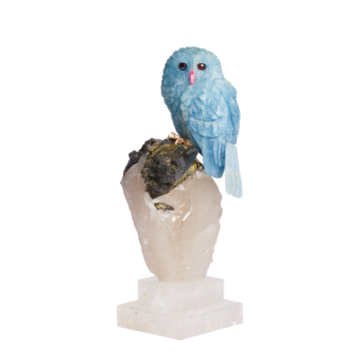 Hand-carved Aquamarine and Tourmaline Owl Sculpture