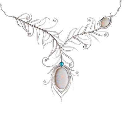 Peacock Feather Necklace with Opals Paraíba Tourmaline and Diamonds