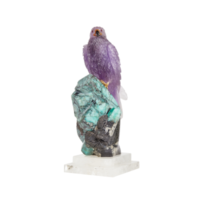 Hand-carved Amethyst and Emerald Falcon Sculpture