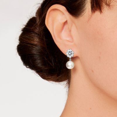 Wildflower White Pearl and Diamond Earrings