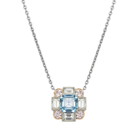 Ice Aquamarine, Diamond and Pink Diamond Pendant