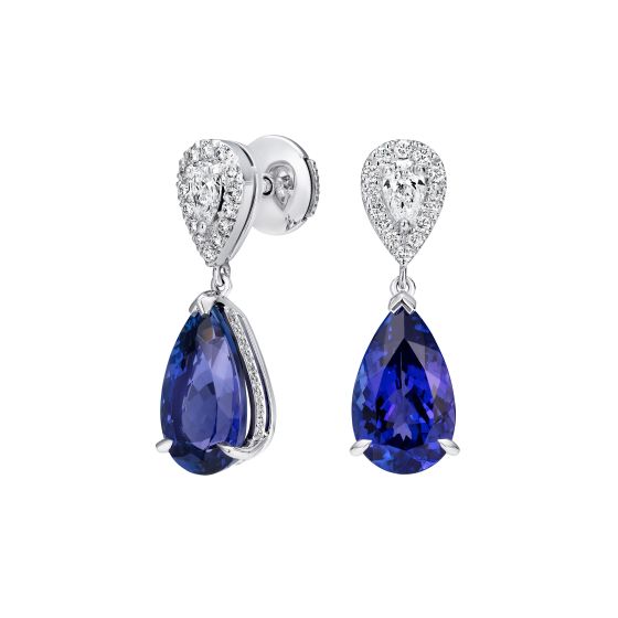 tanzanite and diamond drop earrings set in platinum