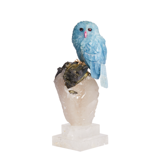 Hand-carved Aquamarine and Tourmaline Owl Sculpture