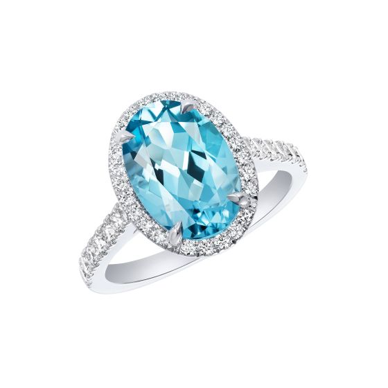 A 1.55 carats ocean blue aquamarine diamond halo ring