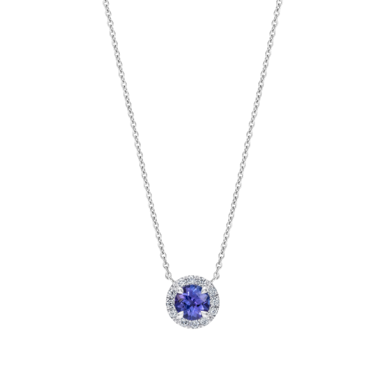 A tanzanite pendant surrounded by a halo of diamonds